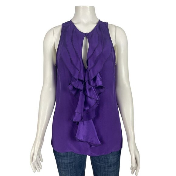 Parker Sleeveless Silk Blouse Small Purple Ruffle Key Hole Tank Top Shirt - Picture 1 of 7